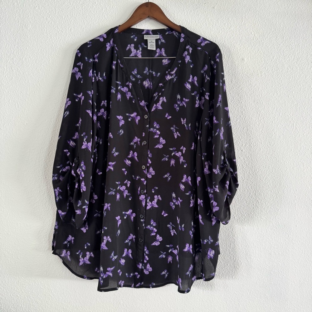 Butterfly Roll Tab Blouse 2X 22/24 Catherines Black Purple Art-to-Wear Shirt Lux - Picture 9 of 9